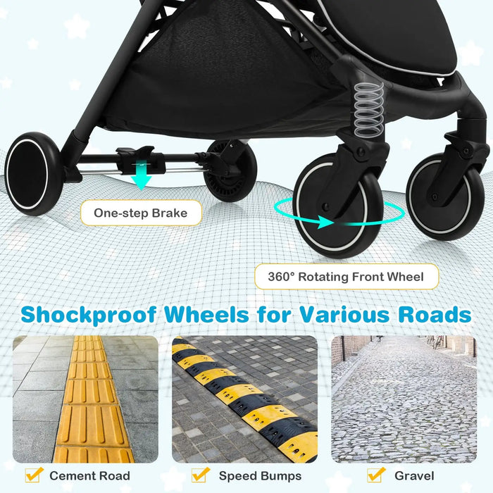 Stroller with highlighted wheels and text about shockproof wheels on various road conditions.