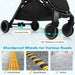Stroller with highlighted wheels and text about shockproof wheels on various road conditions.
