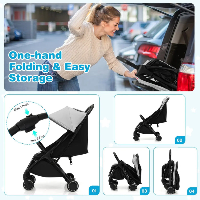 Woman folding a stroller next to a car with text 'One-hand Folding & Easy Storage'.