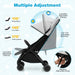 Baby stroller with adjustable features on a light blue background