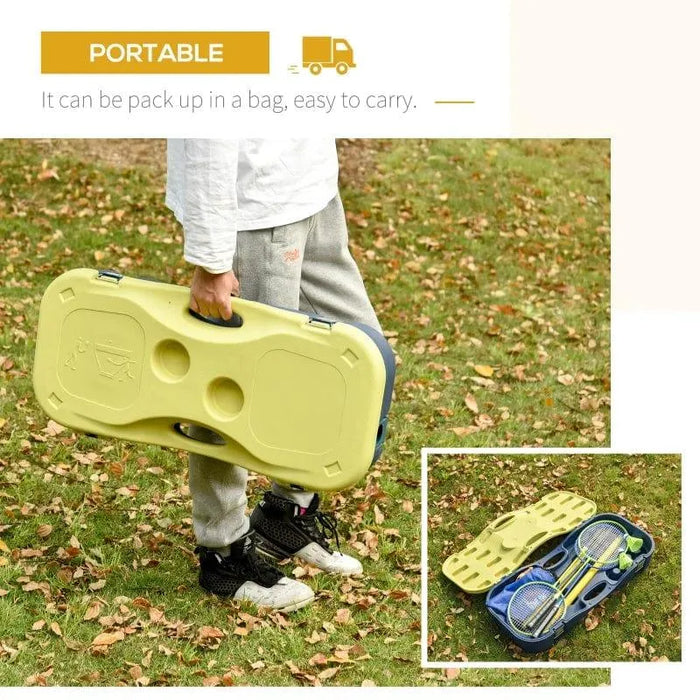 Portable badminton set in yellow suitcase, shown carried and open with rackets and shuttlecocks on grass