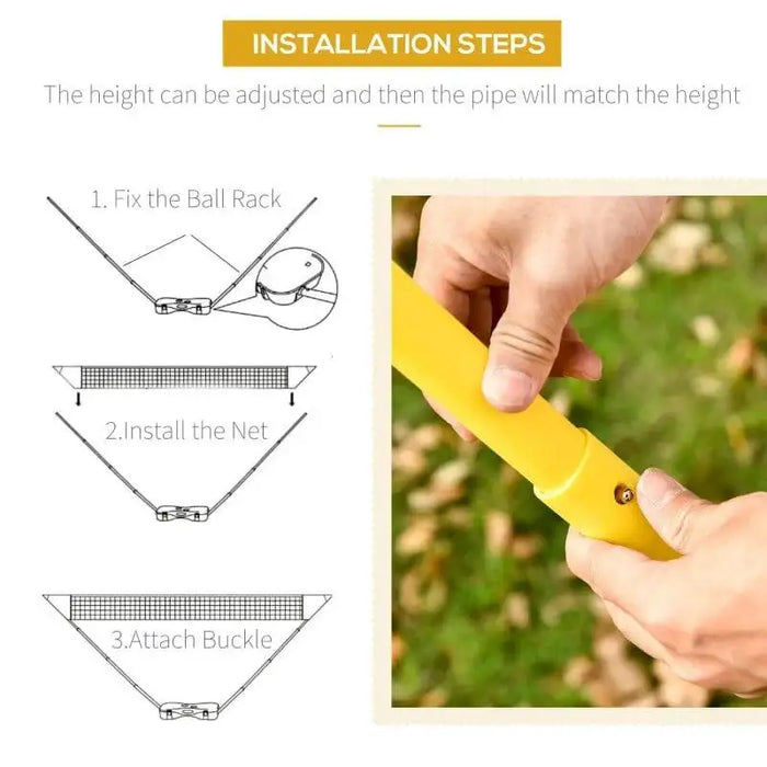 Badminton set installation steps with ball rack, net, buckle, and person assembling yellow pole