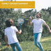 Family playing badminton outdoors with blue rackets, green grass, and trees, promoting family entertainment.