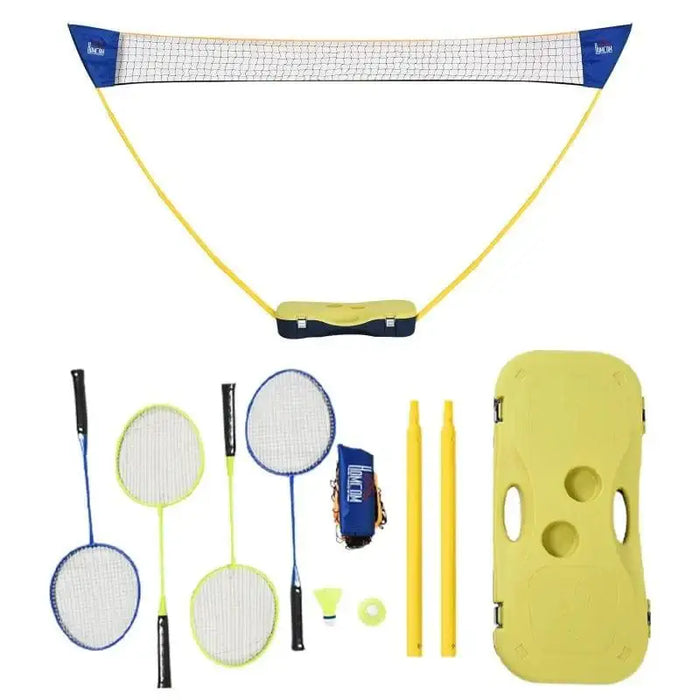 Portable badminton set with net, four rackets, shuttlecocks, yellow poles, and carrying case