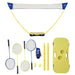 Portable badminton set with net, four rackets, shuttlecocks, yellow poles, and carrying case