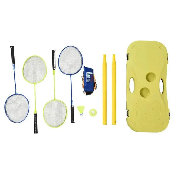 Portable badminton set with four rackets, shuttlecock, net, poles, and carry case