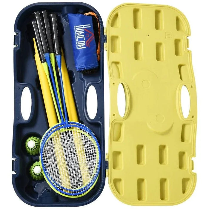 Portable badminton set in yellow suitcase with rackets, shuttlecocks, and net kit