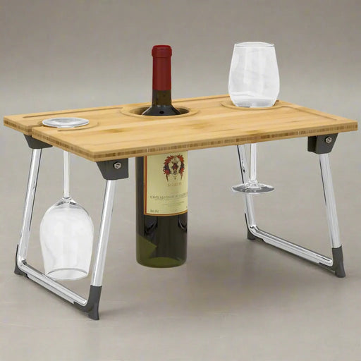 Portable Bamboo Wine and Glass Picnic Table - Little and Giant Explorers HOMCOM