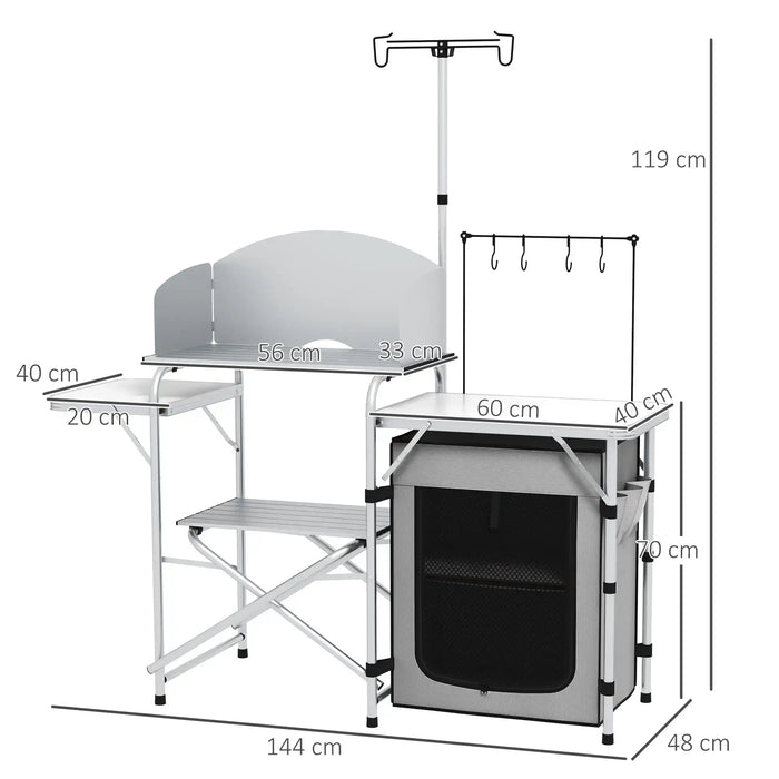 Portable Camping Kitchen Unit – Silver | Foldable Aluminium Cook Station with Windshield OUTSUNNY - Little and Giant Explorers Outsunny