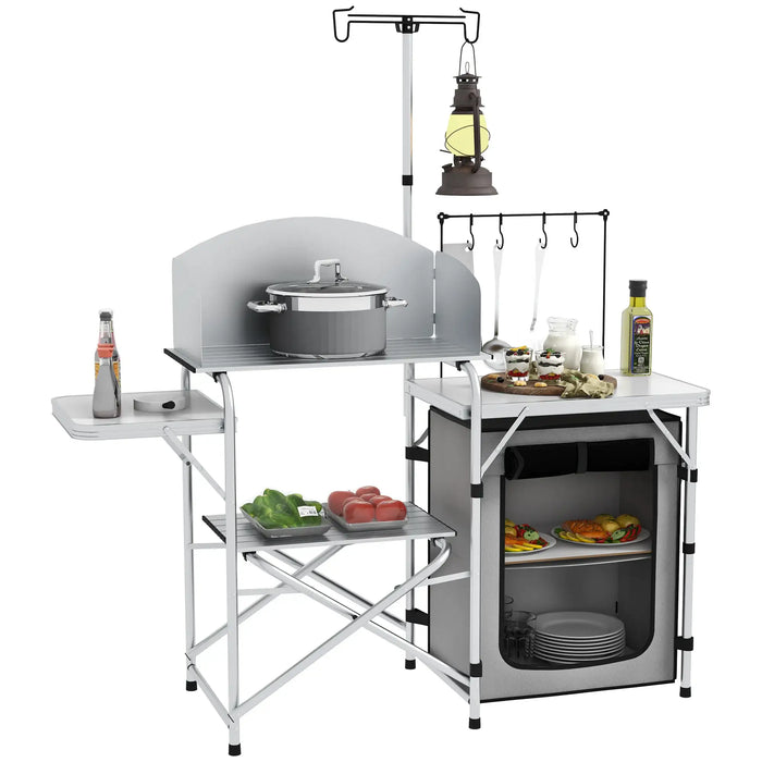Portable Camping Kitchen Unit – Silver | Foldable Aluminium Cook Station with Windshield OUTSUNNY - Little and Giant Explorers Outsunny