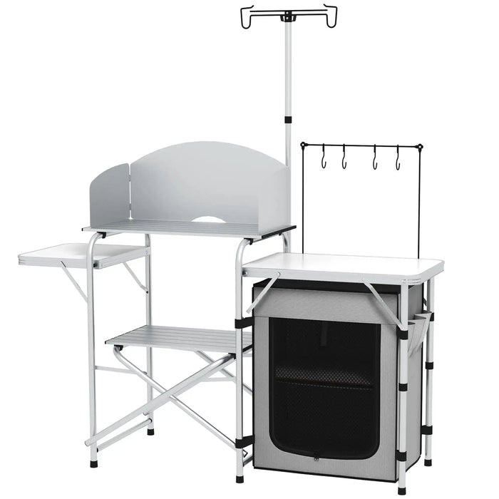 Portable Camping Kitchen Unit – Silver | Foldable Aluminium Cook Station with Windshield OUTSUNNY - Little and Giant Explorers Outsunny