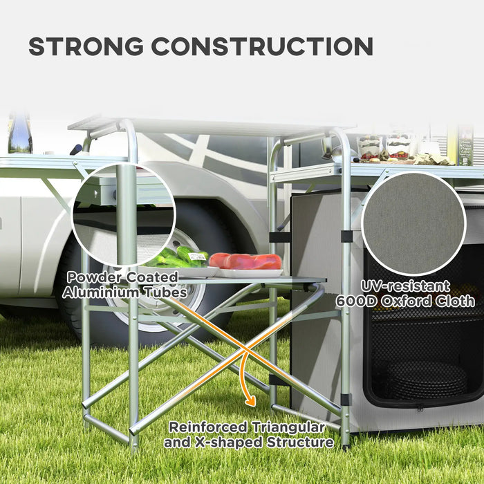Portable Camping Kitchen Unit – Silver | Foldable Aluminium Cook Station with Windshield OUTSUNNY - Little and Giant Explorers Outsunny