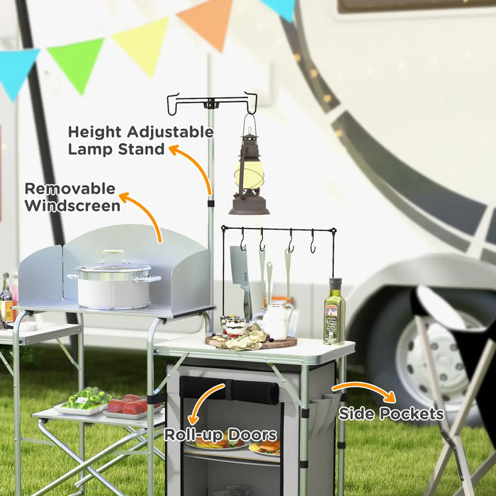 Portable Camping Kitchen Unit – Silver | Foldable Aluminium Cook Station with Windshield OUTSUNNY - Little and Giant Explorers Outsunny