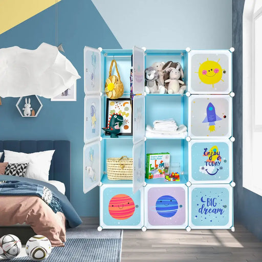 Portable Children Wardrobe - Blue | 12 Cubes and 2 Clothes Hanging Section - Customisable Design COSTWAY - Little and Giant Explorers Costway