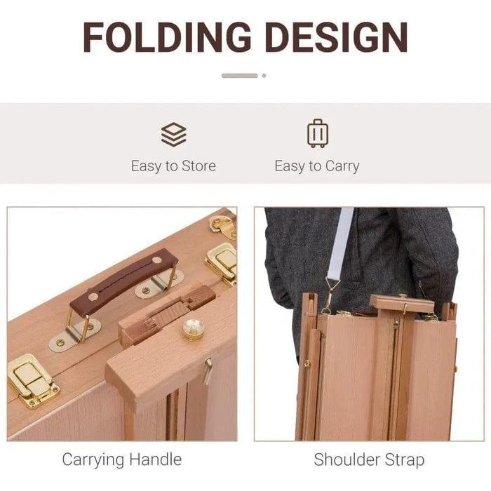 Portable folding wooden easel with carrying handle and shoulder strap, easy to carry