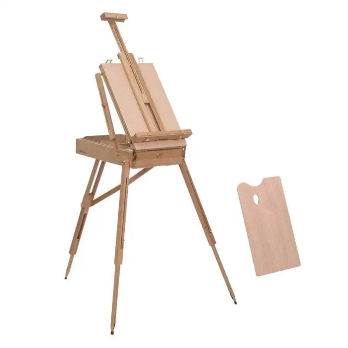 Portable folding wooden easel with adjustable height tripod base and matching palette