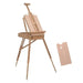 Portable folding wooden easel with adjustable height tripod base and matching palette