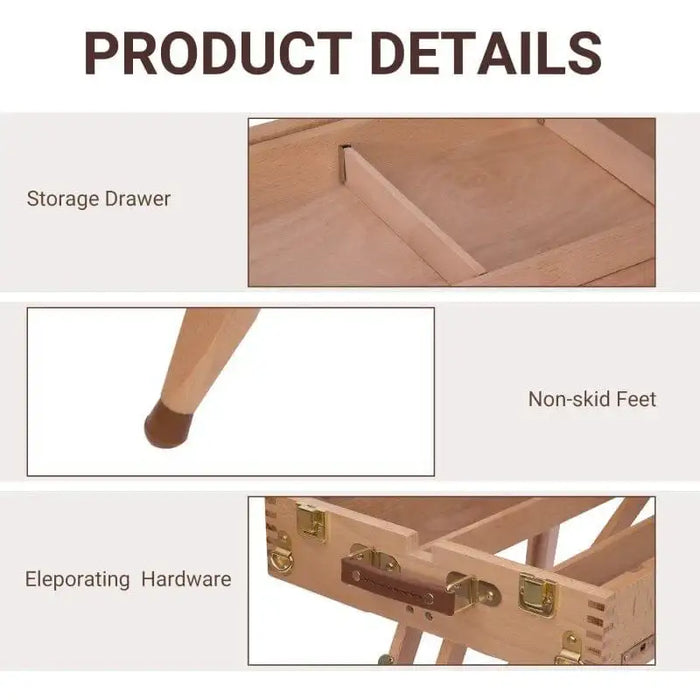Beech wood folding easel product details: storage drawer, non-skid feet, elevating hardware.