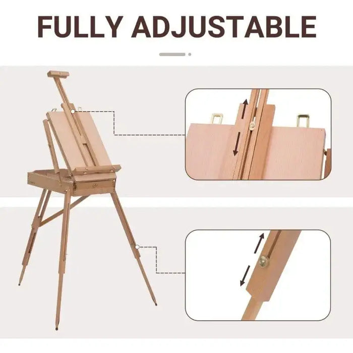 Portable folding wooden easel with adjustable height, tripod base, and beech wood construction.