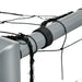 Closeup of heavy-duty grey metal football goal post with black weather-resistant net