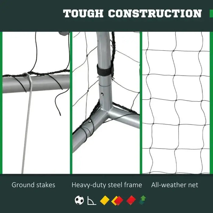 Portable football goal net showing ground stakes, heavy-duty steel frame, and weather-resistant net