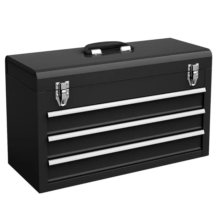Portable Metal Tool Box – Black | 3-Drawer Storage Chest - Top Tray, Locks and Handle COSTWAY - Little and Giant Explorers Costway
