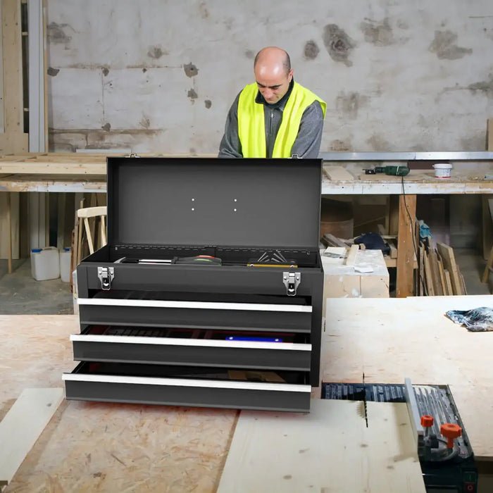 Portable Metal Tool Box – Black | 3-Drawer Storage Chest - Top Tray, Locks and Handle COSTWAY - Little and Giant Explorers Costway