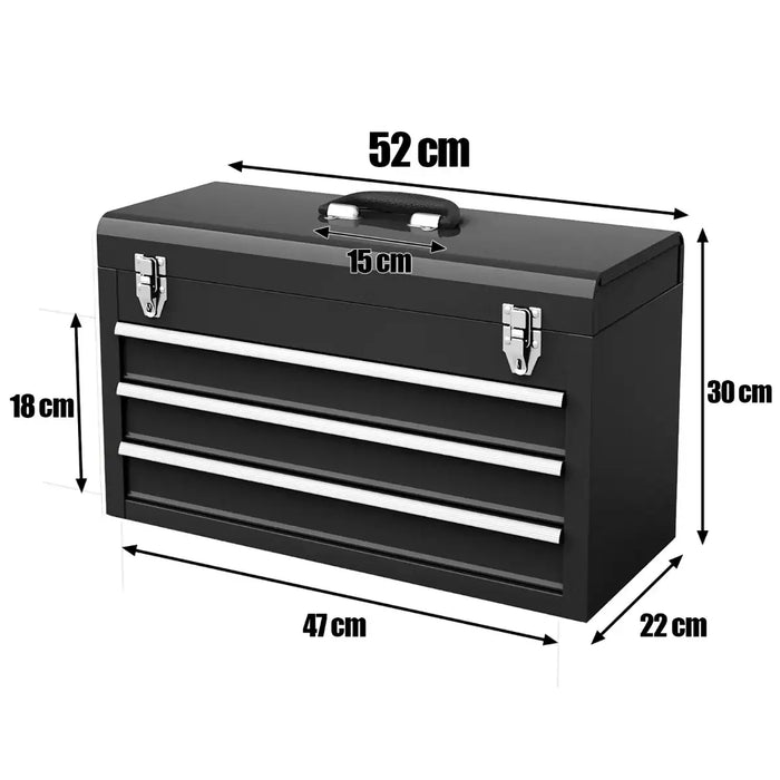 Portable Metal Tool Box – Black | 3-Drawer Storage Chest - Top Tray, Locks and Handle COSTWAY - Little and Giant Explorers Costway