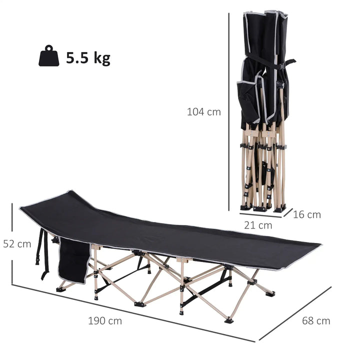 Portable black military folding camping cot with steel frame, side pocket, and size details