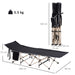 Portable black military folding camping cot with steel frame, side pocket, and size details