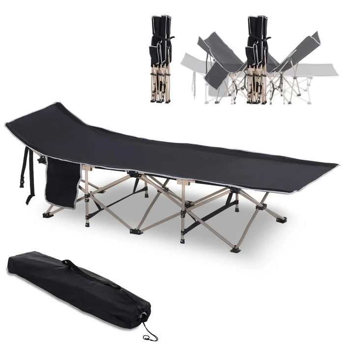 Portable black military folding camping cot with steel frame, side pocket, and carry bag