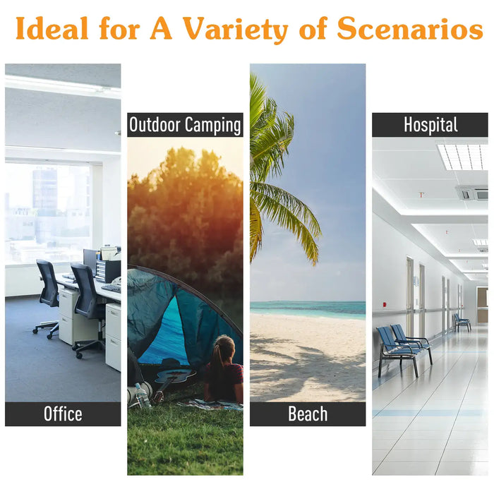 Office, camping, beach, and hospital scenes illustrating versatile camping cot use