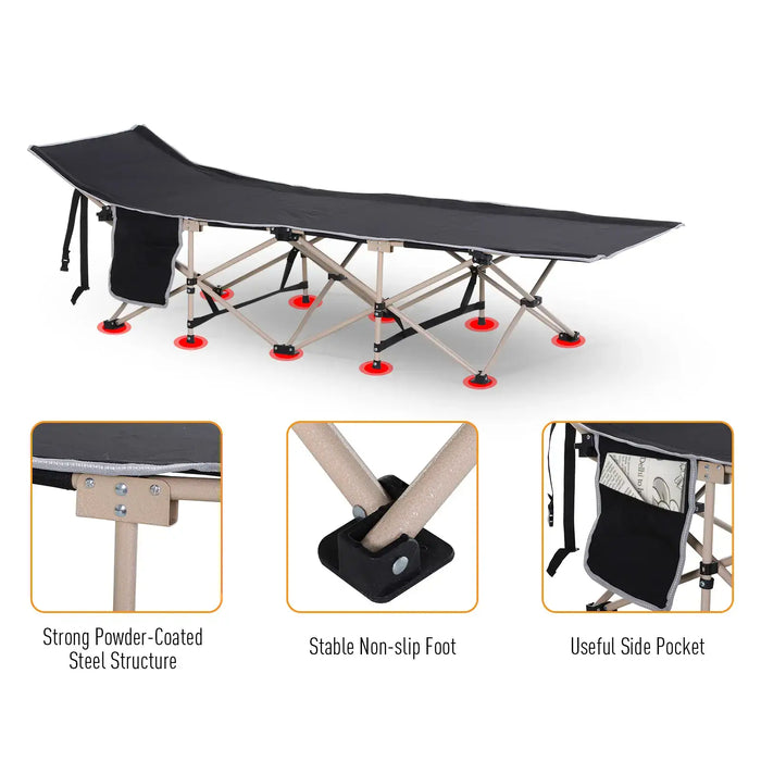 Portable black military folding camping cot with steel frame, non-slip feet, and side pocket