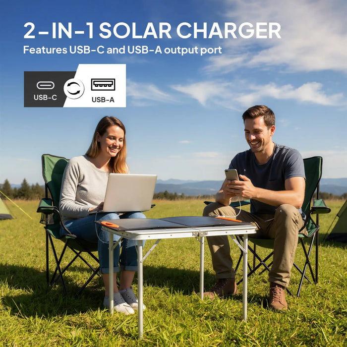 Outdoor scene with two people using laptop and phone charged by 2-in-1 USB-C and USB-A solar panel on folding table