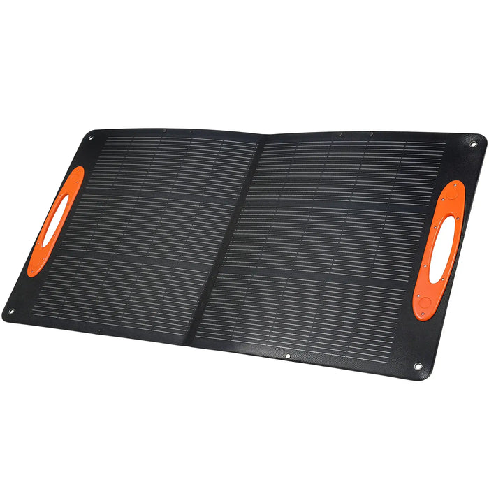 100W portable foldable solar panel with black surface and orange handles for efficient USB charging