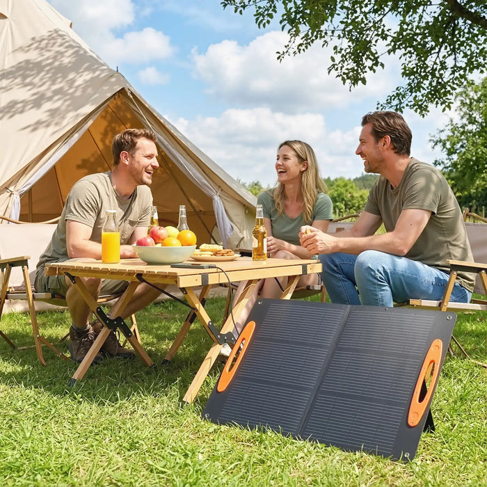 Three people enjoying outdoor camping with portable solar panel charging devices near a tent