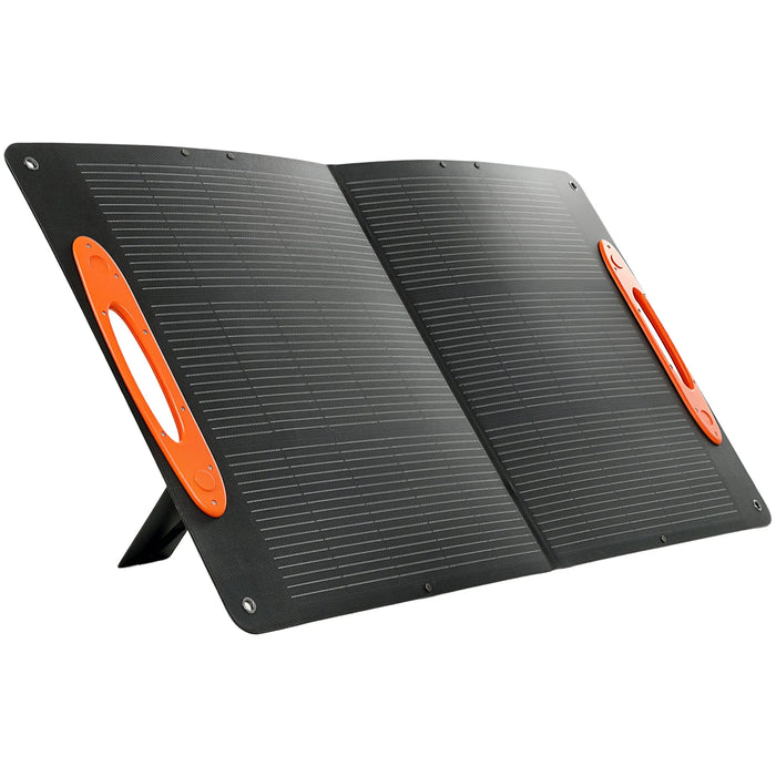 Portable 100W solar panel briefcase with black surface and orange handles, foldable design for outdoor charging