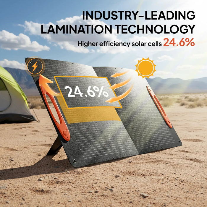 Portable 100W briefcase solar panel with USB-A and USB-C, set up on sandy ground in desert