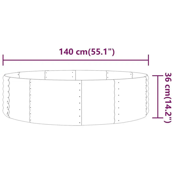 Round powder-coated steel raised garden bed, 140 cm diameter, 36 cm height, line drawing.