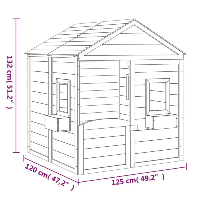 Line drawing of fir wood playhouse with window boxes, measuring 132x125x120 cm.