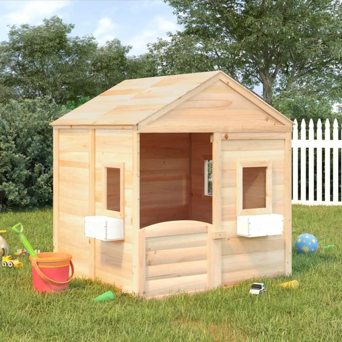 Premium wooden playhouse for kids in backyard with toys and picket fence