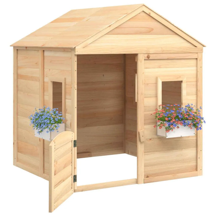 Premium wooden playhouse with open door, fir wood walls, and window flower boxes