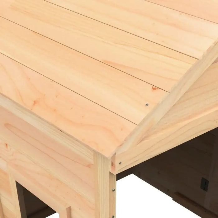 Close-up of premium wooden playhouse roof and doorway, made from natural fir wood