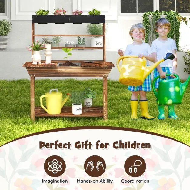 Kids with watering cans at wooden potting bench, garden play set, outdoor activity toys