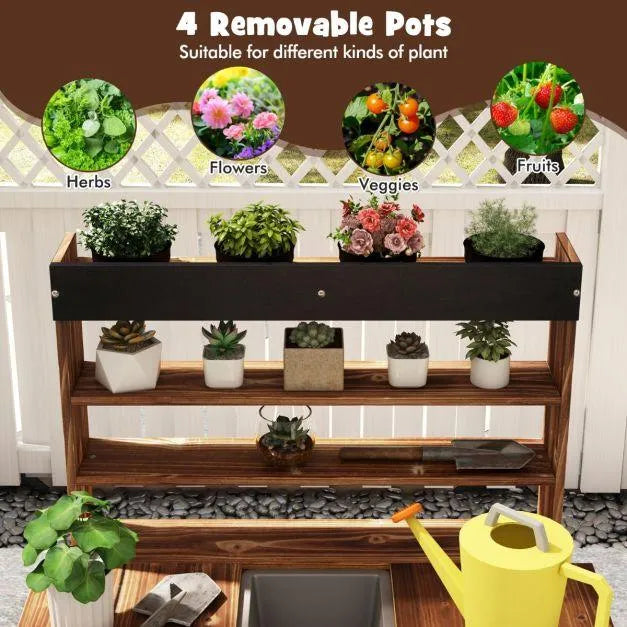 Wooden potting bench kids garden planting station with four removable pots, plants, and tools