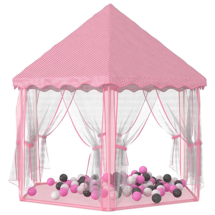 Princess-themed pink play tent with net curtains and multicolored soft play balls inside