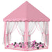 Princess-themed pink play tent with net curtains and multicolored soft play balls inside