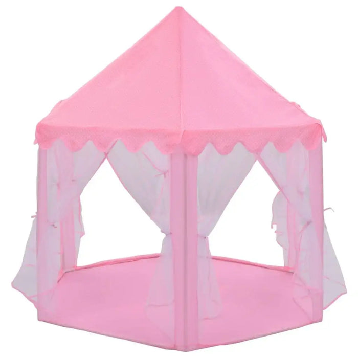 Pink princess-themed play tent with sheer white curtains, hexagonal shape, for kids indoor play