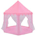 Pink princess-themed play tent with sheer white curtains, hexagonal shape, for kids indoor play