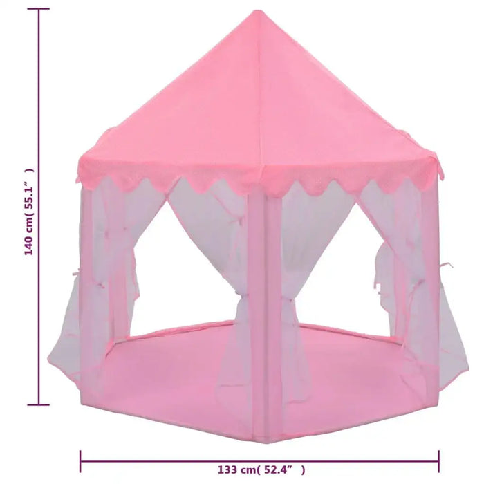 Pink princess-themed play tent with mesh curtains, 140 cm tall, 133 cm wide